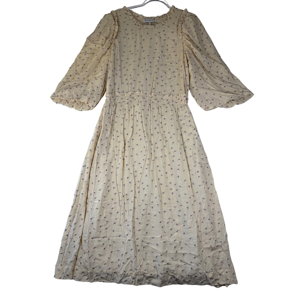 Munthe Yellow Floral Embroidered Puff Sleeve Midi Dress Ruffle Waist Size 42